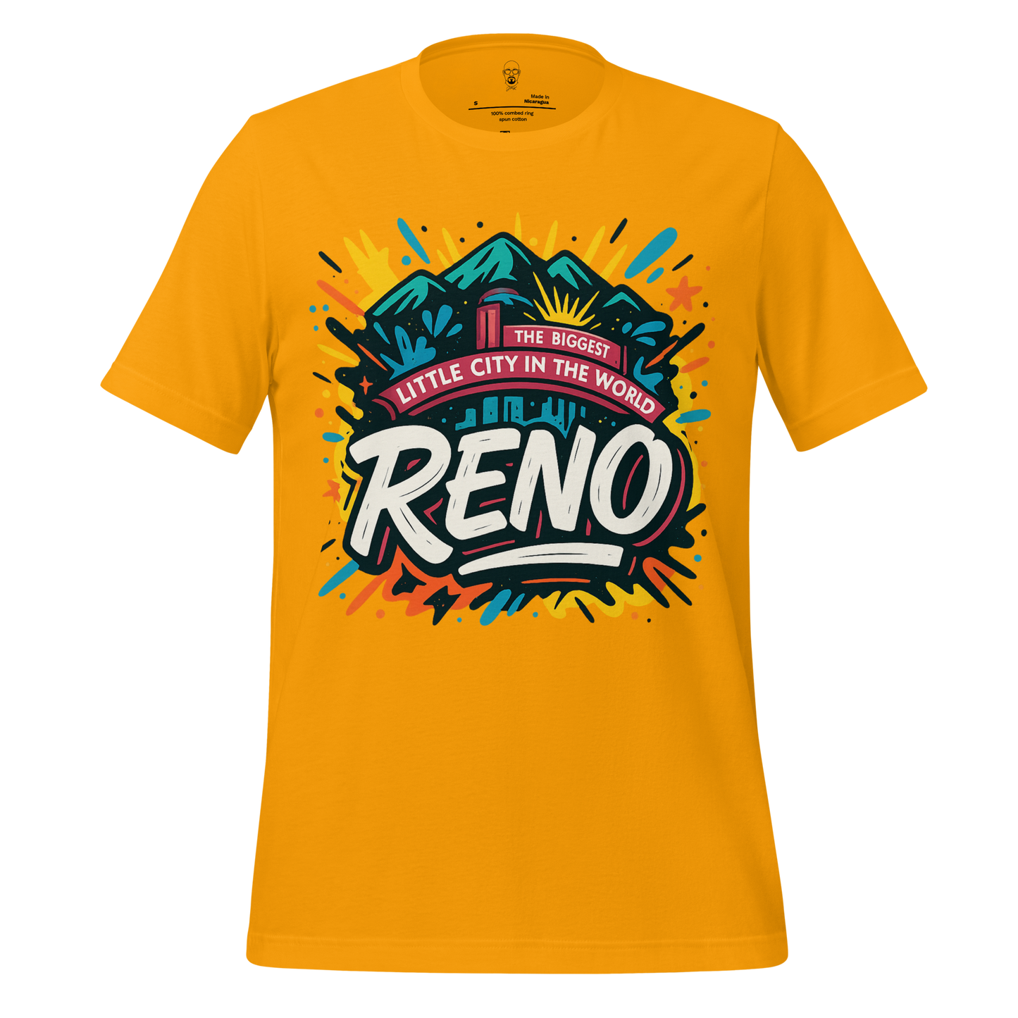 JMK Drip yellow Reno Graphic T-Shirt with colorful mountain and city design and text Reno