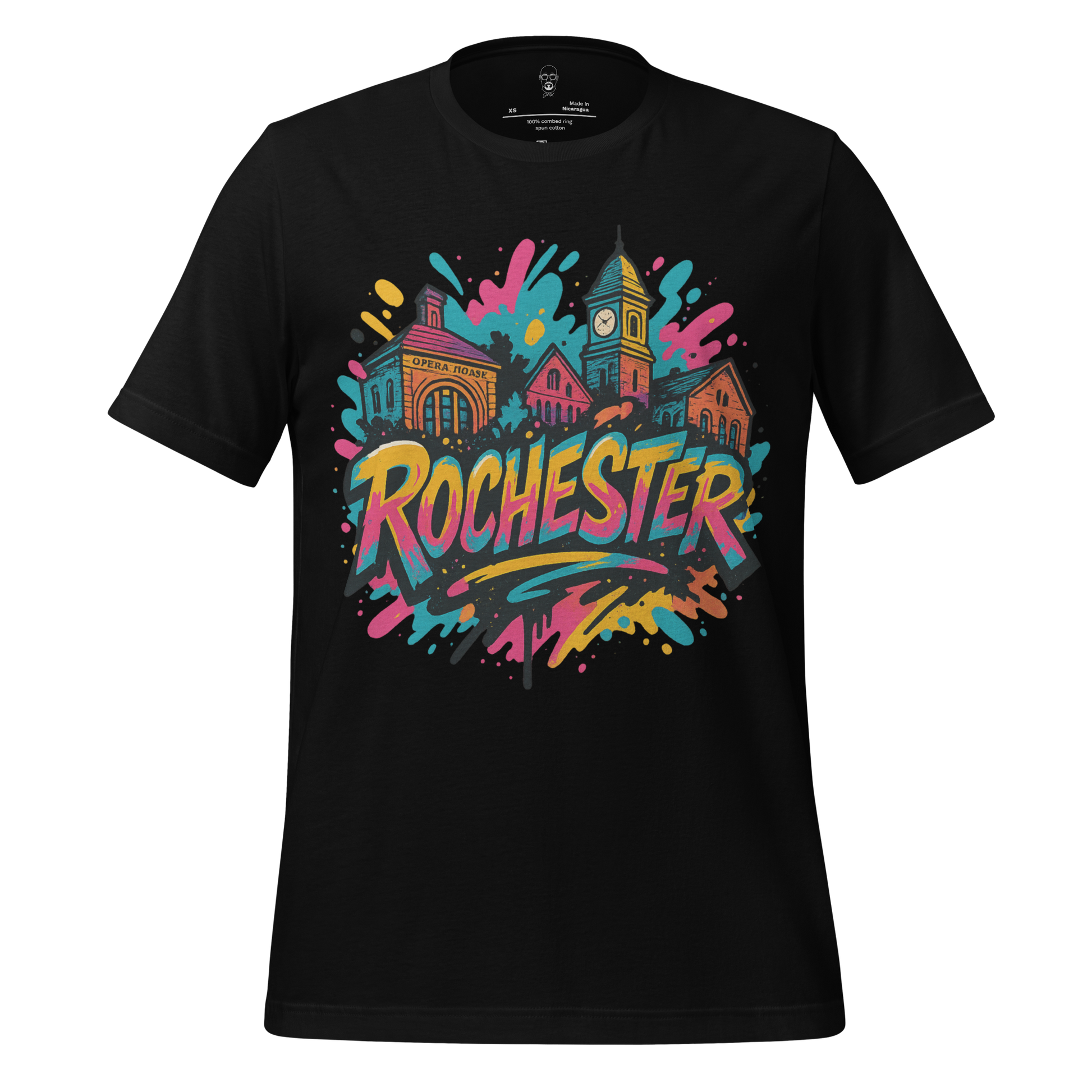 Black Rochester, New Hampshire Graphic T-Shirt featuring colorful city landmarks print