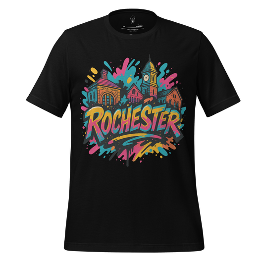Black Rochester, New Hampshire Graphic T-Shirt featuring colorful city landmarks print