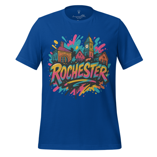 Blue JMK Drip Rochester, New Hampshire Graphic T Shirt with colorful city skyline design