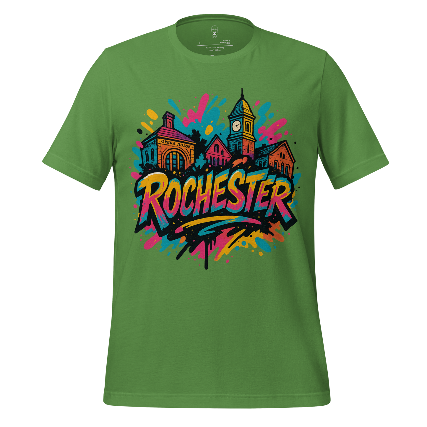 Green Rochester, New Hampshire Graphic T-Shirt by JMK Drip featuring colorful cityscape and bold text design