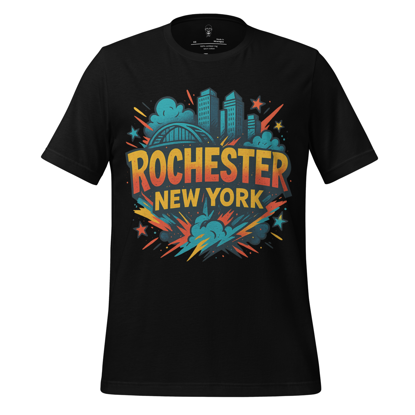 JMK Drip black Rochester, New York Graphic T-Shirt with colorful city skyline and bold text design