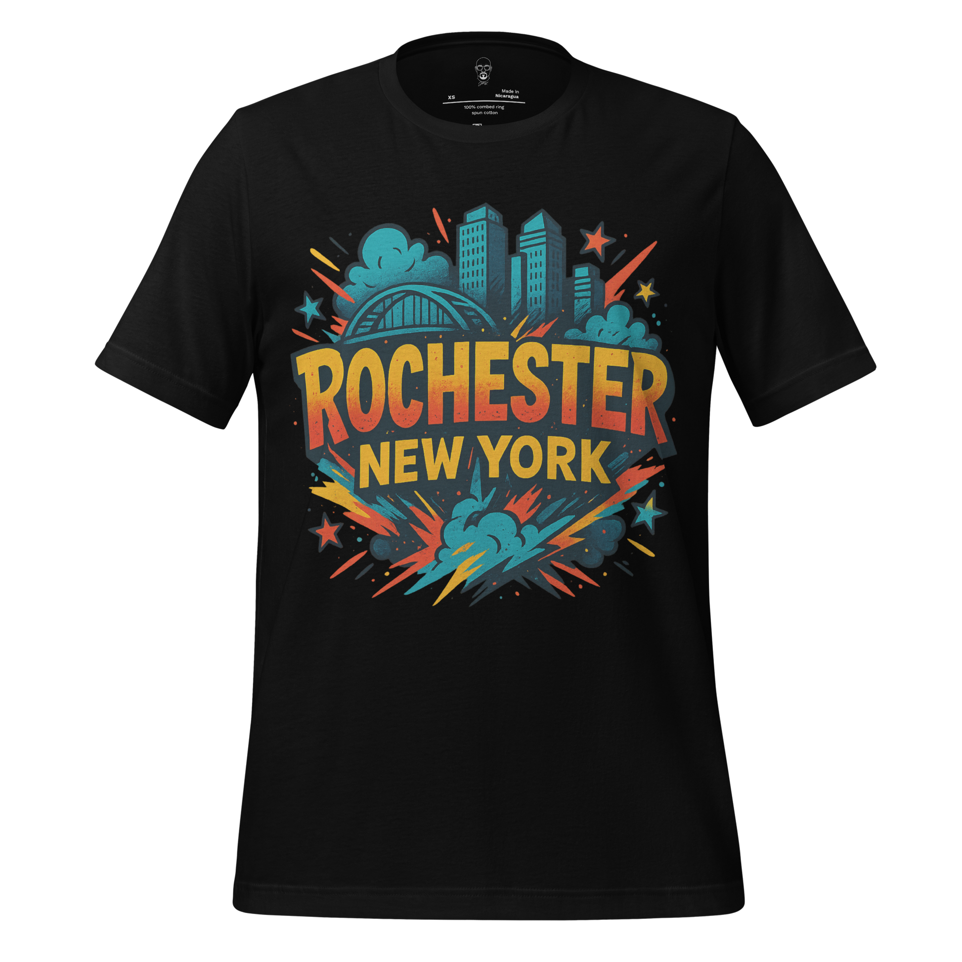 JMK Drip black Rochester, New York Graphic T-Shirt with colorful city skyline and bold text design