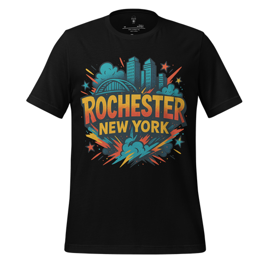 JMK Drip black Rochester, New York Graphic T-Shirt with colorful city skyline and bold text design