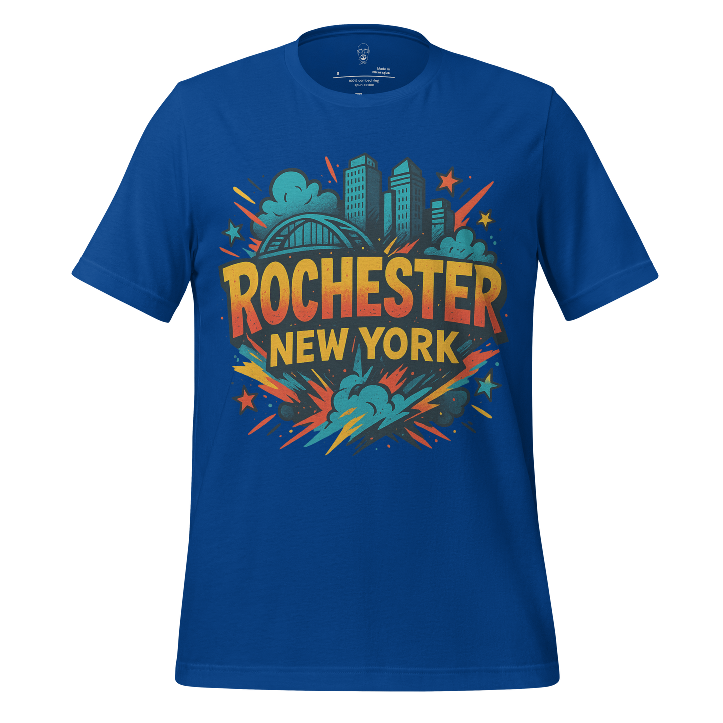 Blue Rochester, New York Graphic T-Shirt featuring city skyline and colorful explosive design