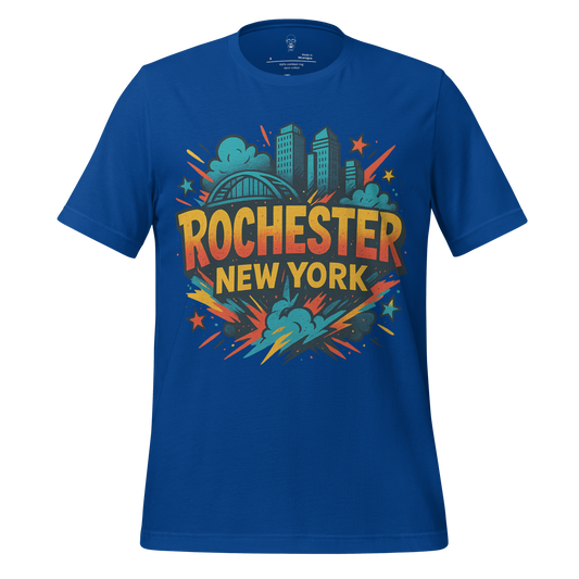 Blue Rochester, New York Graphic T-Shirt featuring city skyline and colorful explosive design
