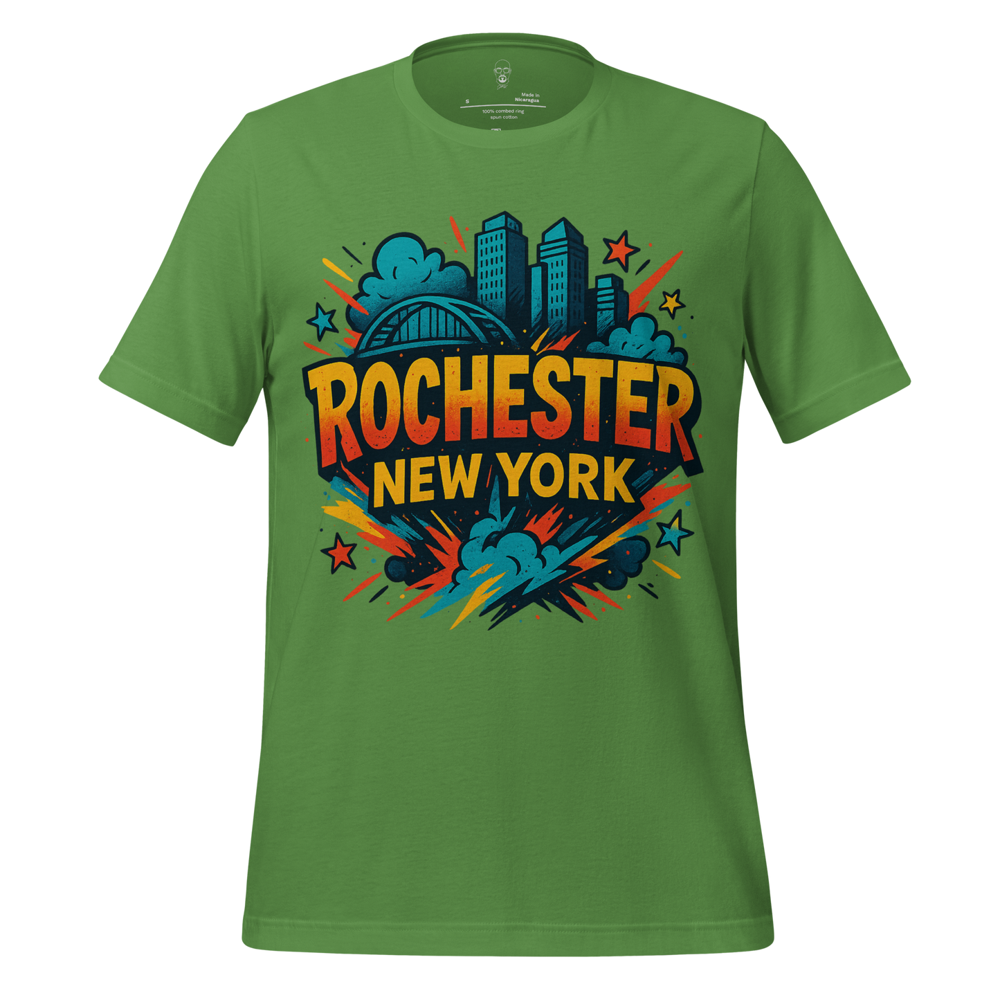 Rochester, New York Graphic T-Shirt in green with colorful city skyline and bold text design