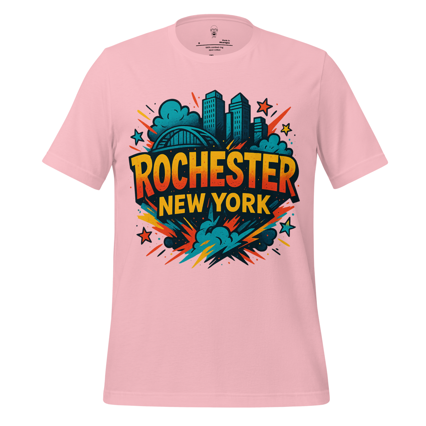 Pink Rochester, New York Graphic T-Shirt with colorful city skyline design by JMK Drip