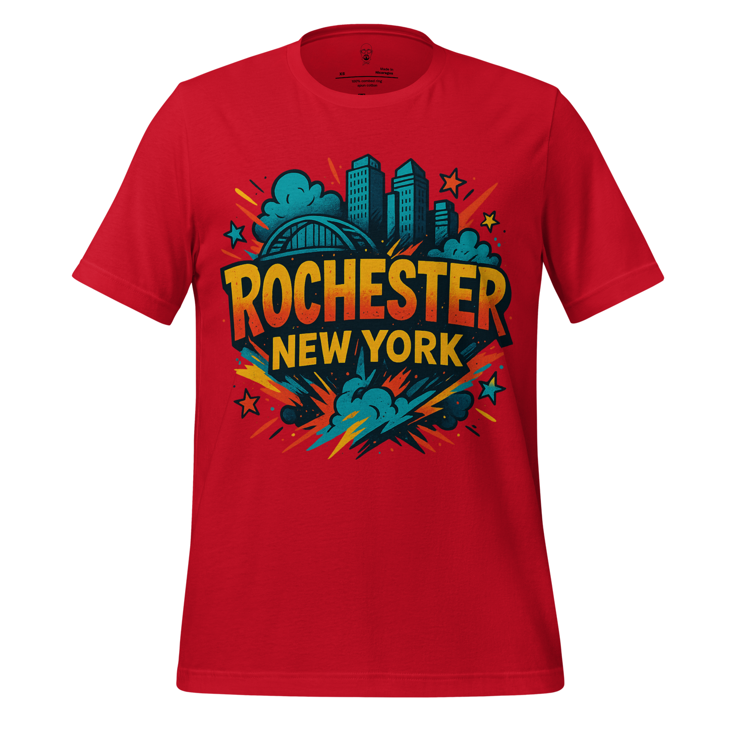 Red JMK Drip Rochester, New York Graphic T-Shirt with colorful cityscape design and bold text