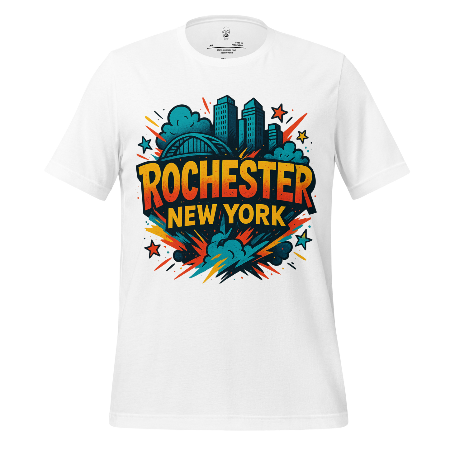 JMK Drip Rochester, New York Graphic T-Shirt with colorful city skyline and bold lettering on white tee