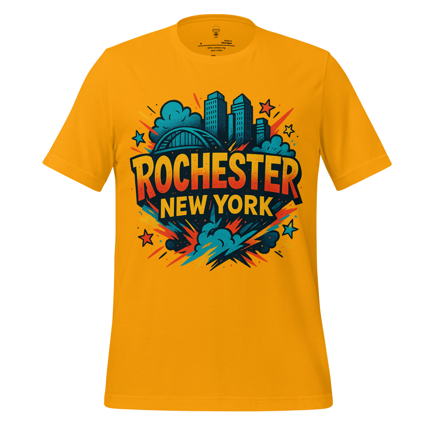 JMK Drip yellow Rochester, New York Graphic T-Shirt with city skyline and bold colorful design
