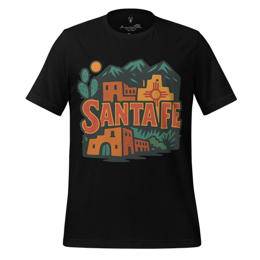 JMK Drip Santa Fe Graphic T-Shirt with desert buildings cactus and mountains design on black cotton