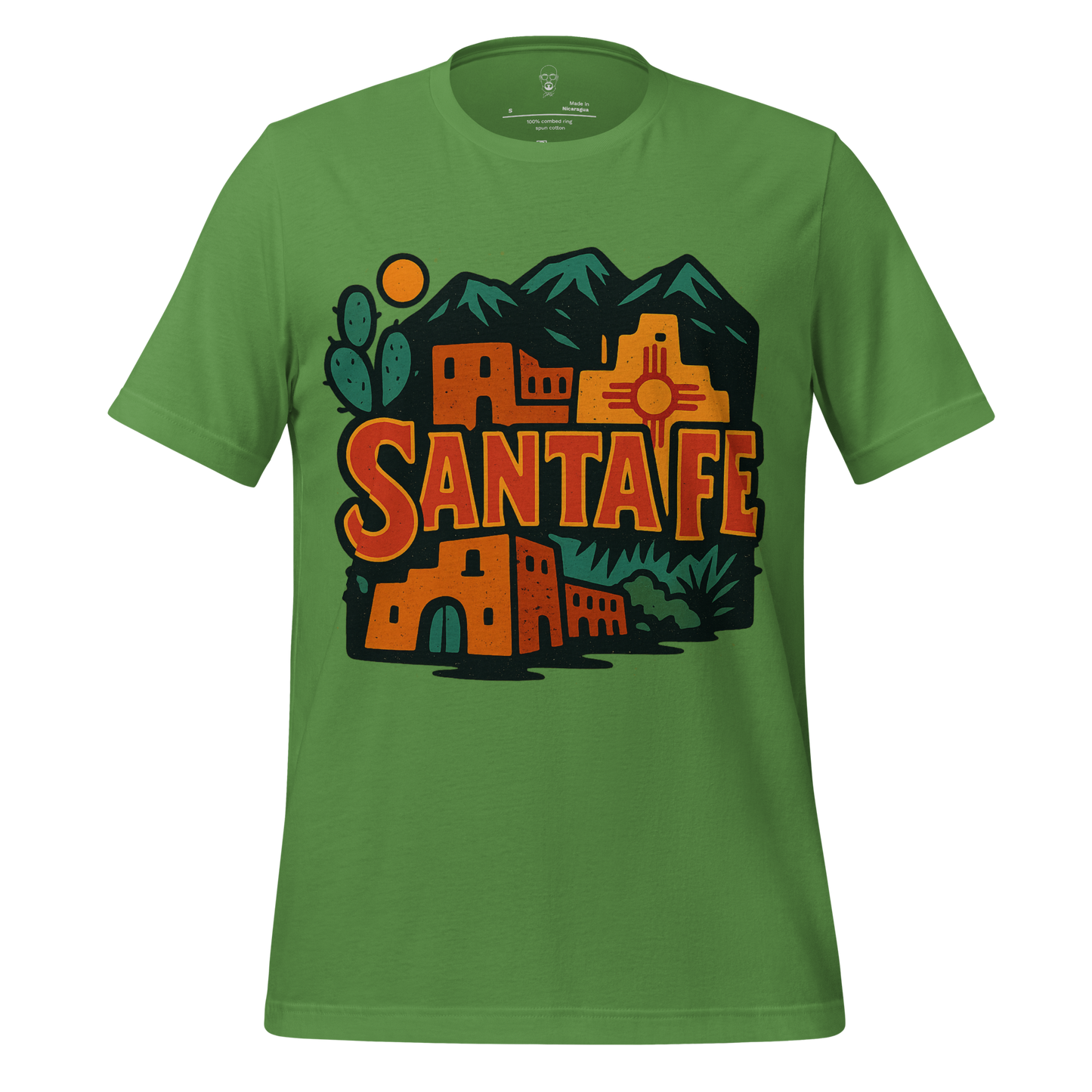 Green JMK Drip Santa Fe Graphic T-Shirt featuring southwestern adobe buildings and cactus design