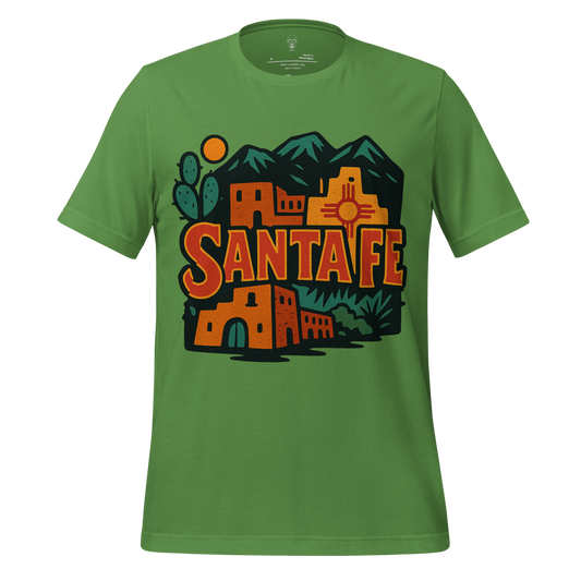 Green JMK Drip Santa Fe Graphic T-Shirt featuring southwestern adobe buildings and cactus design