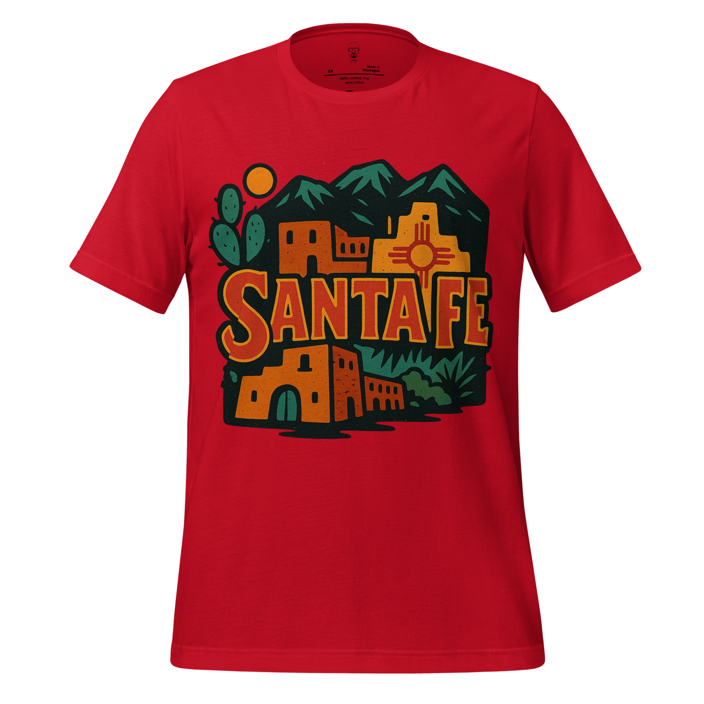 Red JMK Drip Santa Fe Graphic T-Shirt featuring southwestern buildings and cactus design