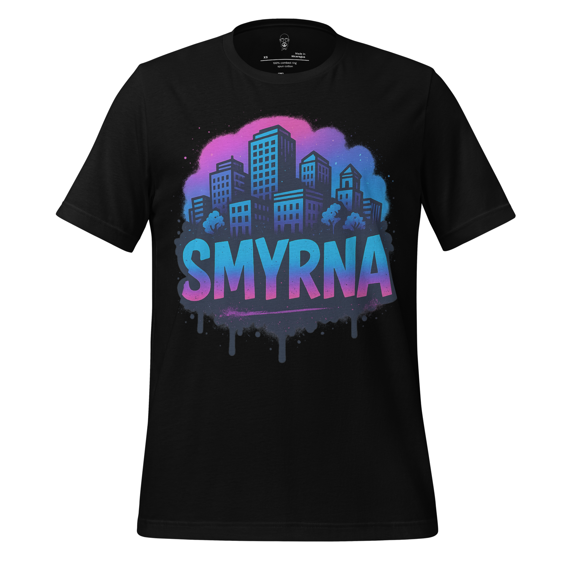 JMK Drip Smyrna Graphic T-Shirt black with colorful city skyline design and bold Smyrna text