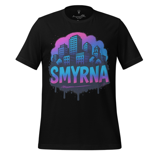 JMK Drip Smyrna Graphic T-Shirt black with colorful city skyline design and bold Smyrna text
