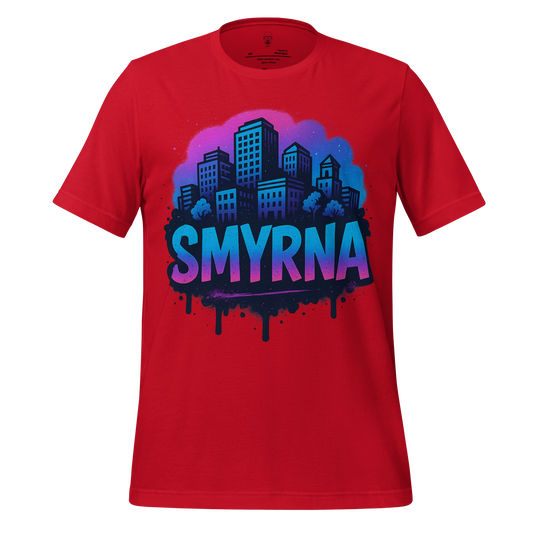 Red Smyrna Graphic T-Shirt with blue city skyline and bold Smyrna text by JMK Drip