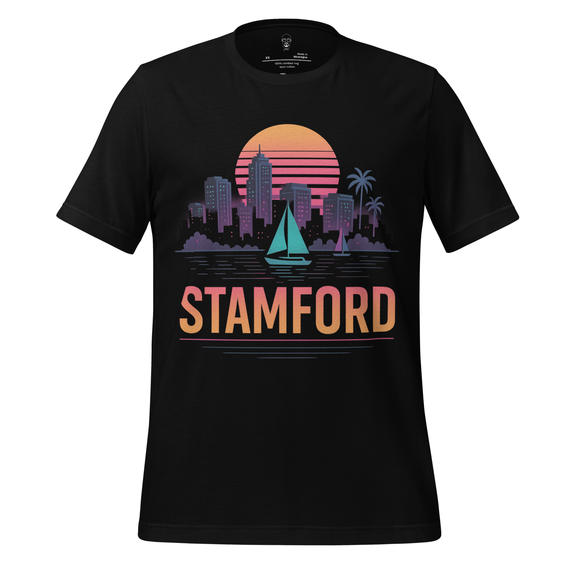 JMK Drip Stamford Graphic T-Shirt with colorful city skyline and sailboat design on black fabric