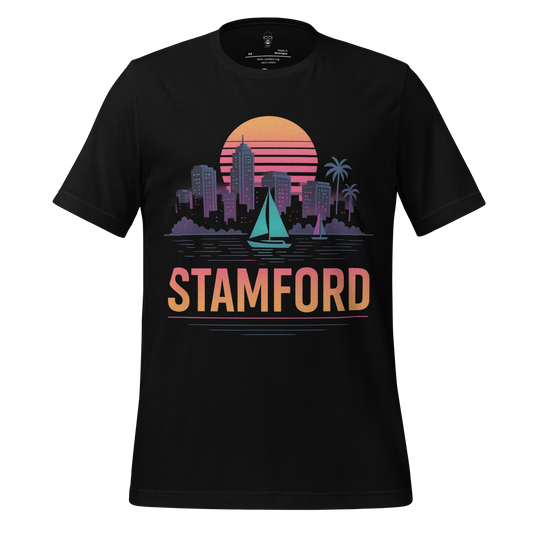 JMK Drip Stamford Graphic T-Shirt with colorful city skyline and sailboat design on black fabric