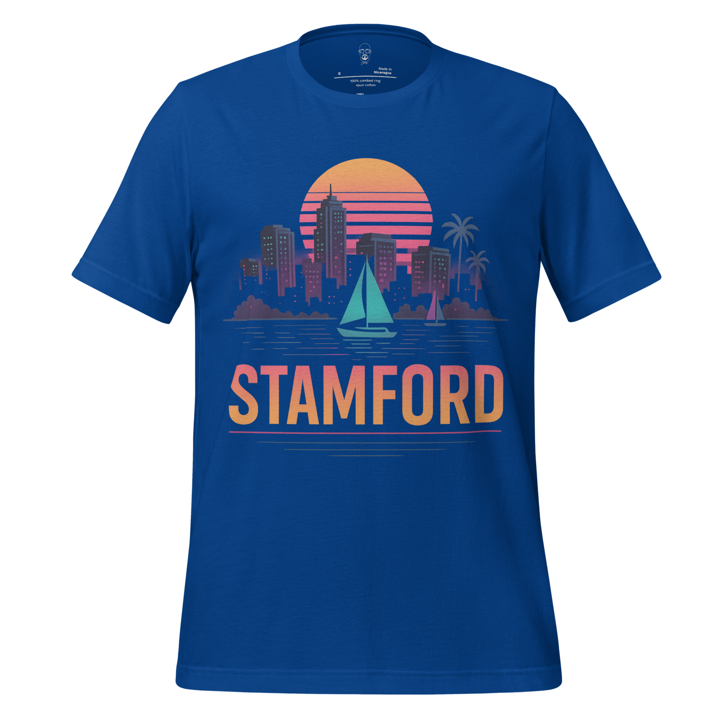 JMK Drip Stamford Graphic T-Shirt with sunset cityscape and sailboat design in blue