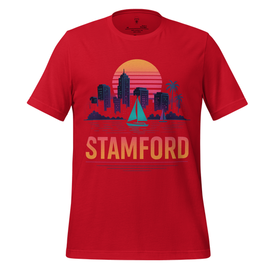 Red Stamford Graphic T-Shirt with city skyline, sunset, and sailboat design by JMK Drip