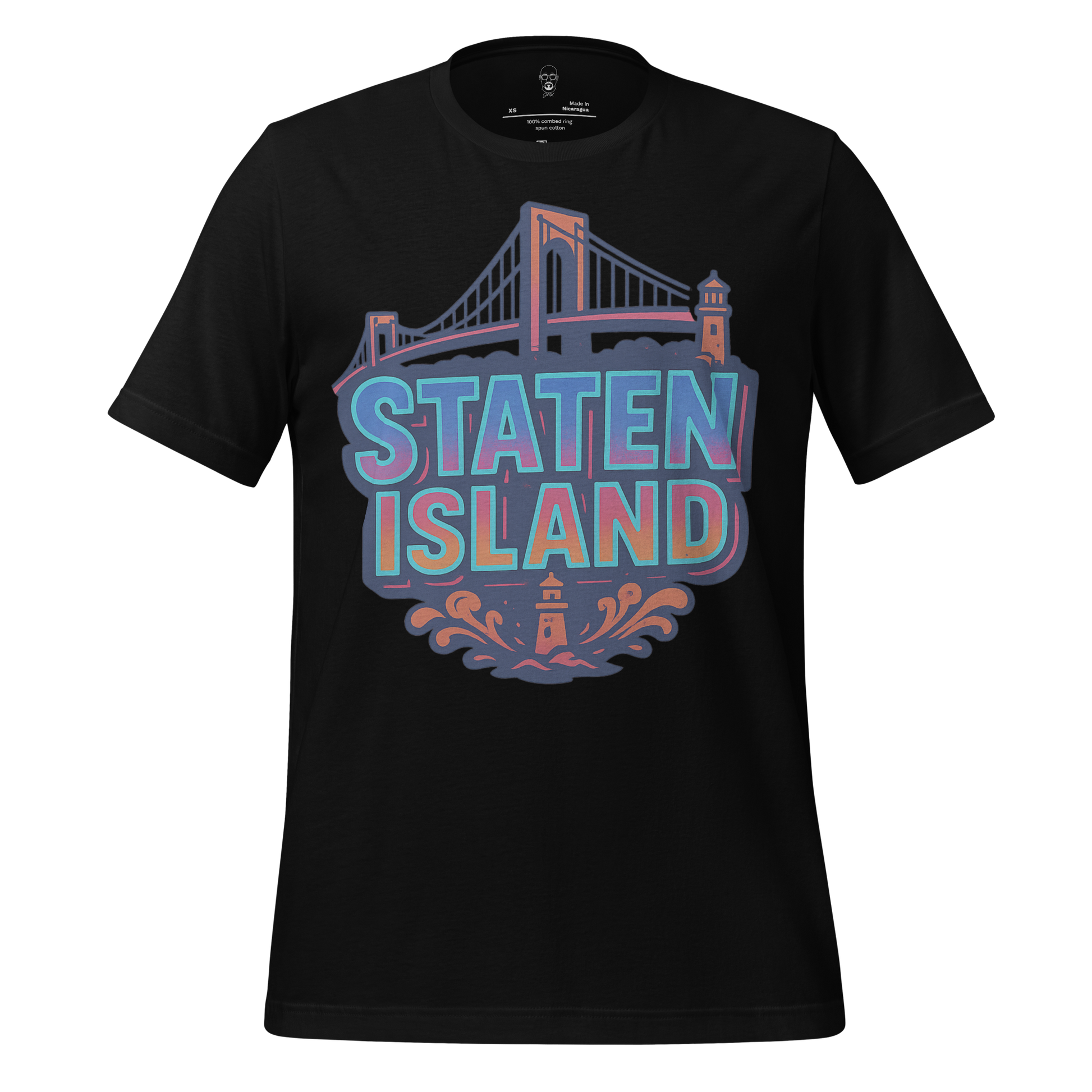 Black Staten Island Graphic T-Shirt by JMK Drip with bridge and lighthouse design