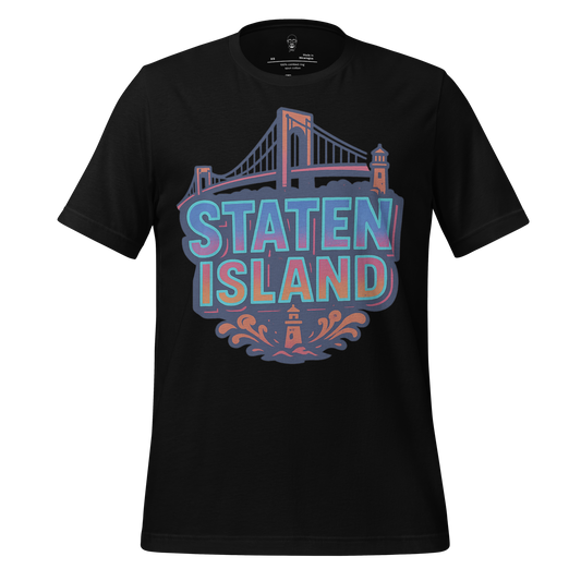 Black Staten Island Graphic T-Shirt by JMK Drip with bridge and lighthouse design