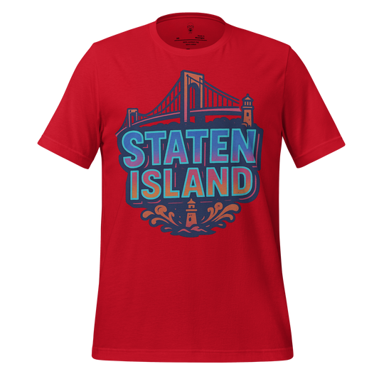 Red Staten Island Graphic T-Shirt with bridge and lighthouse design by JMK Drip