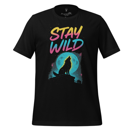 JMK Drip Stay Wild Graphic T-Shirt with colorful text and wolf howling at blue moon on black tee