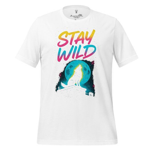 JMK Drip Stay Wild Graphic T-Shirt with colorful text and wolf howling at blue moon on white tee