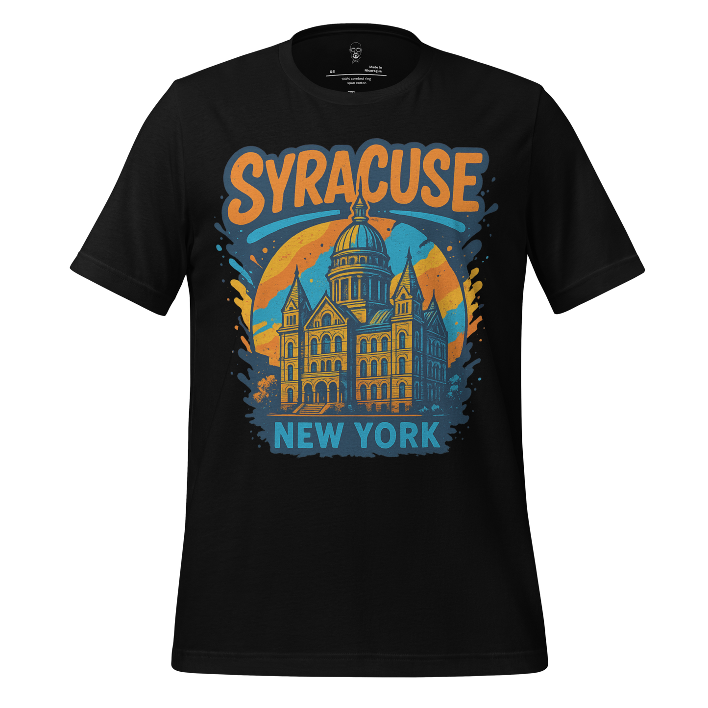 Black Syracuse Graphic T-Shirt by JMK Drip featuring New York historic building design