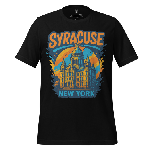 Black Syracuse Graphic T-Shirt by JMK Drip featuring New York historic building design