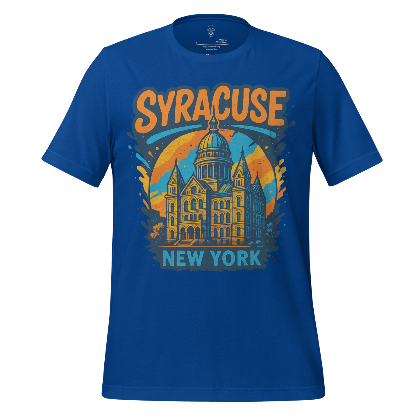Blue Syracuse Graphic T-Shirt by JMK Drip featuring iconic New York building and bold text design