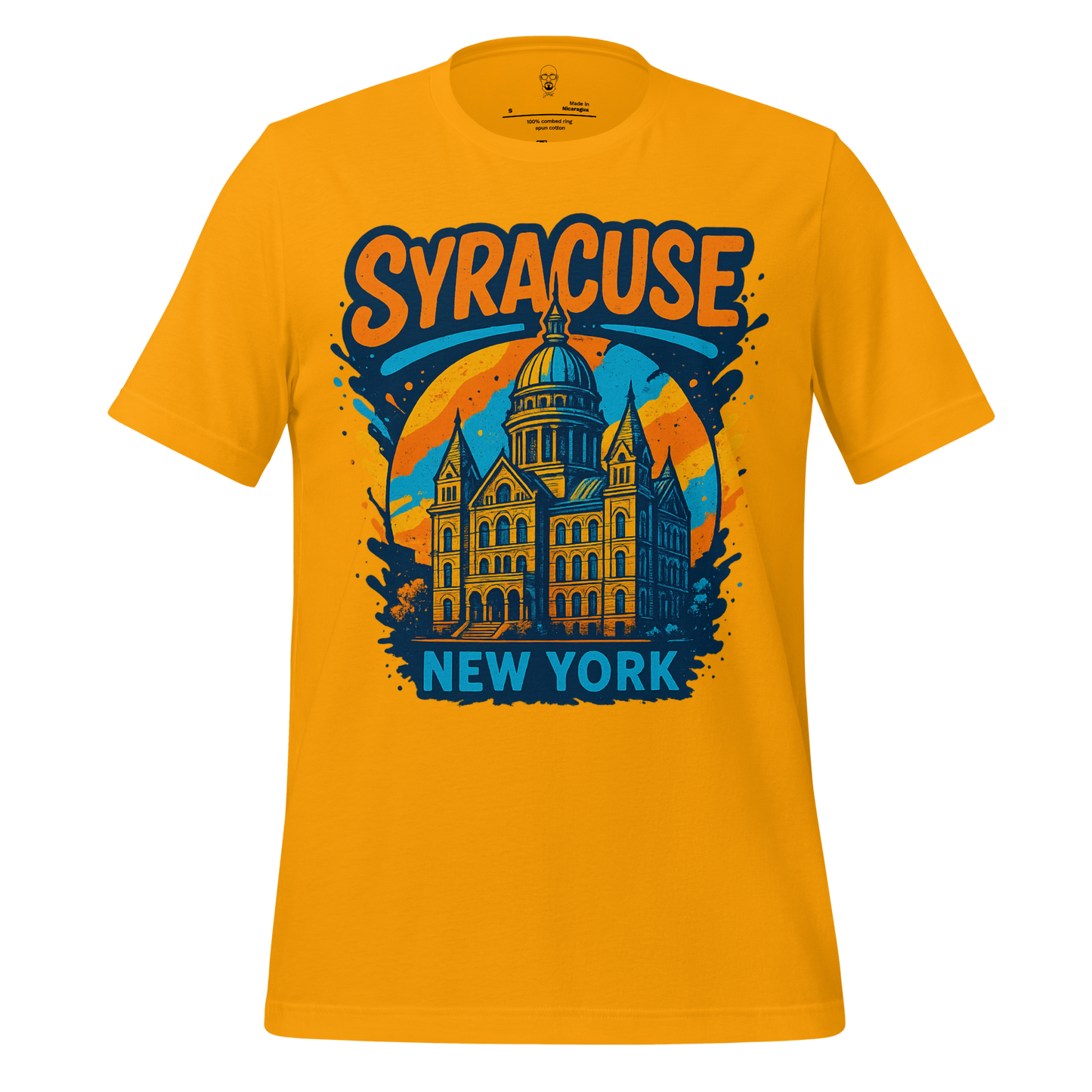 Bright orange Syracuse Graphic T-Shirt with blue and orange New York building design by JMK Drip