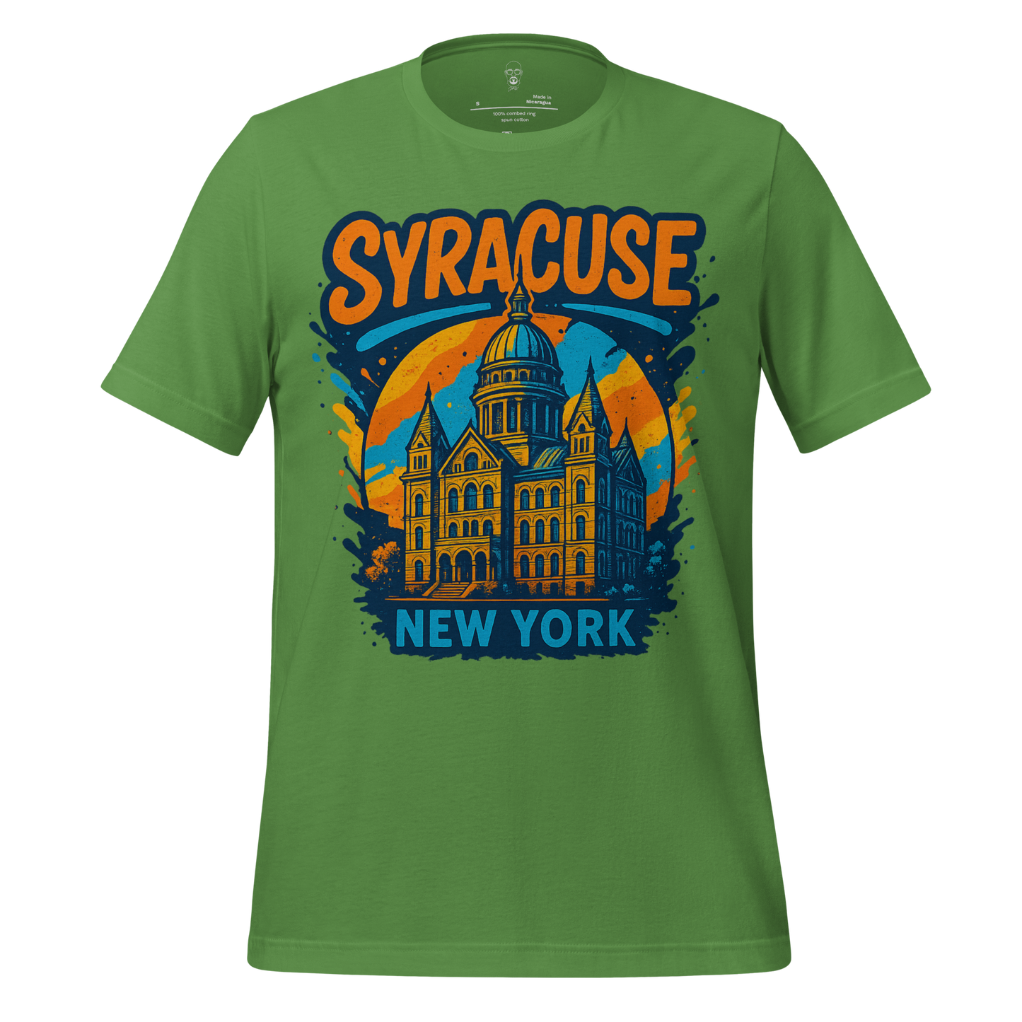 Green Syracuse Graphic T-Shirt featuring New York landmark with orange and blue design