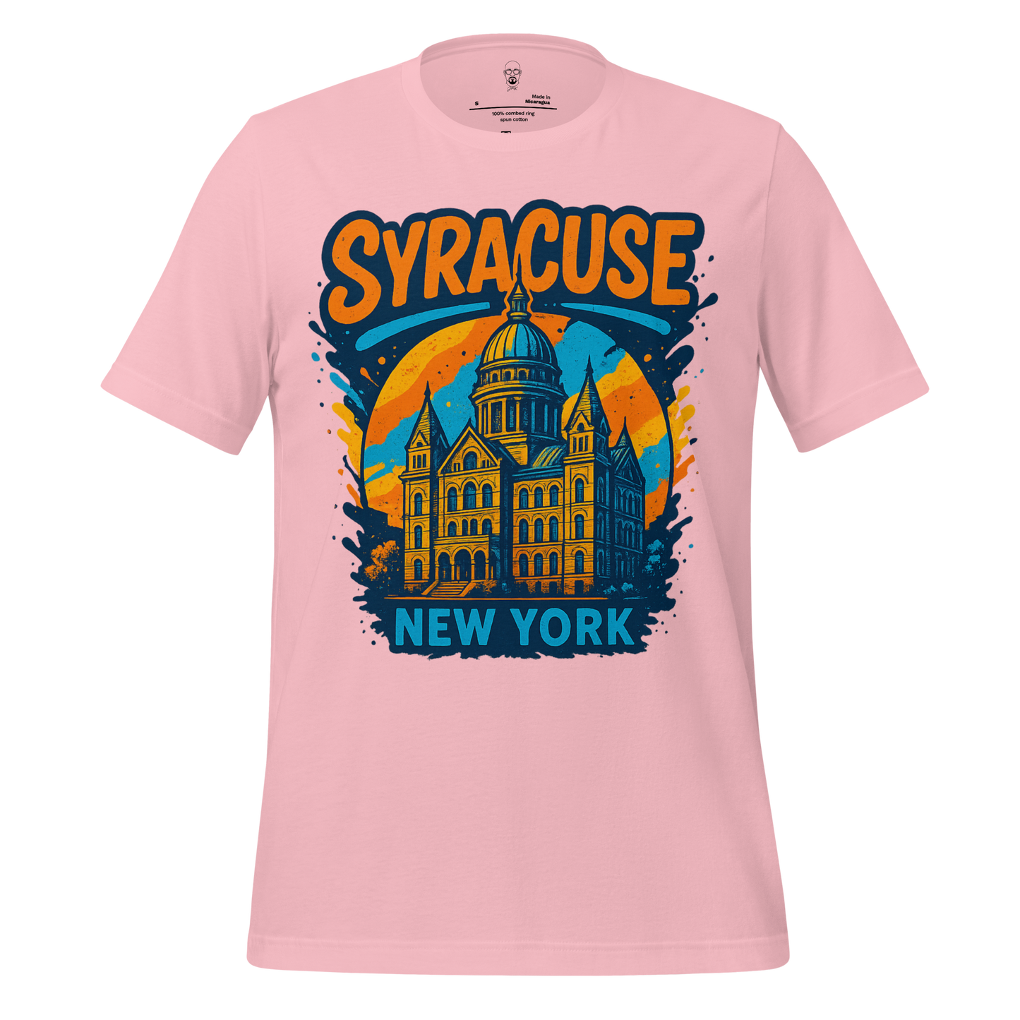Pink Syracuse Graphic T-Shirt by JMK Drip featuring a colorful New York building illustration