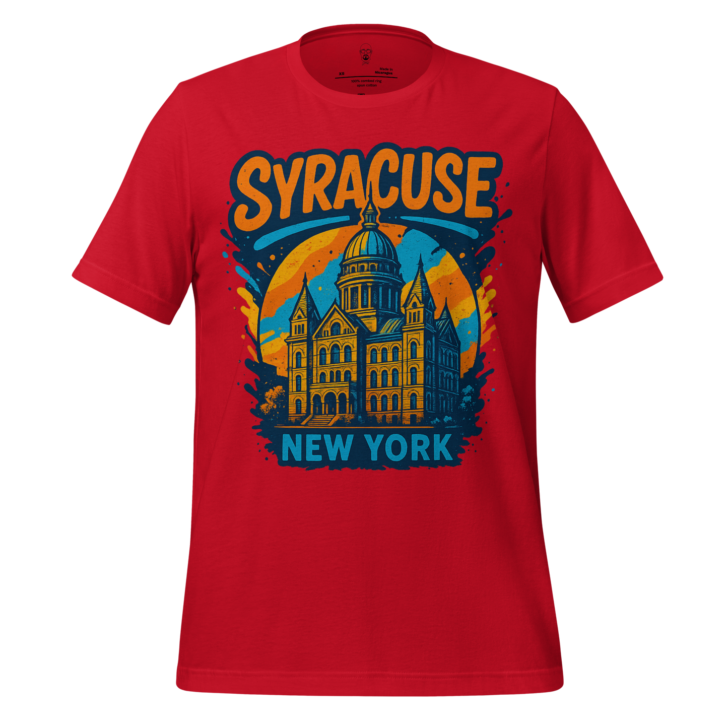 Red Syracuse Graphic T-Shirt by JMK Drip featuring New York building design in blue and orange
