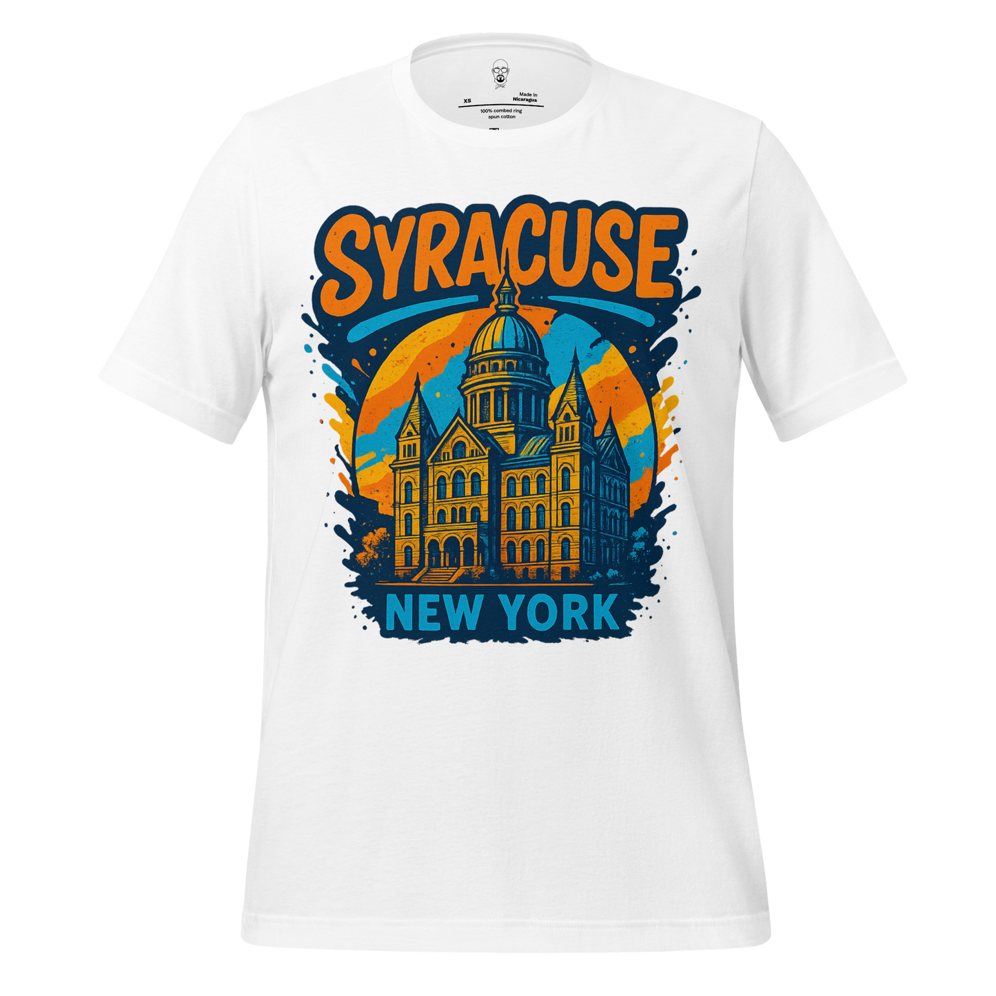 White Syracuse Graphic T-Shirt by JMK Drip featuring orange and blue Syracuse New York building design