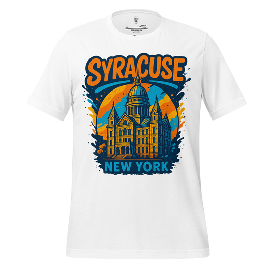 White Syracuse Graphic T-Shirt by JMK Drip featuring orange and blue Syracuse New York building design