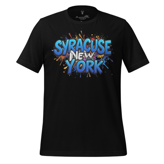 Black JMK Drip Syracuse New York t-shirt with colorful graffiti style text design