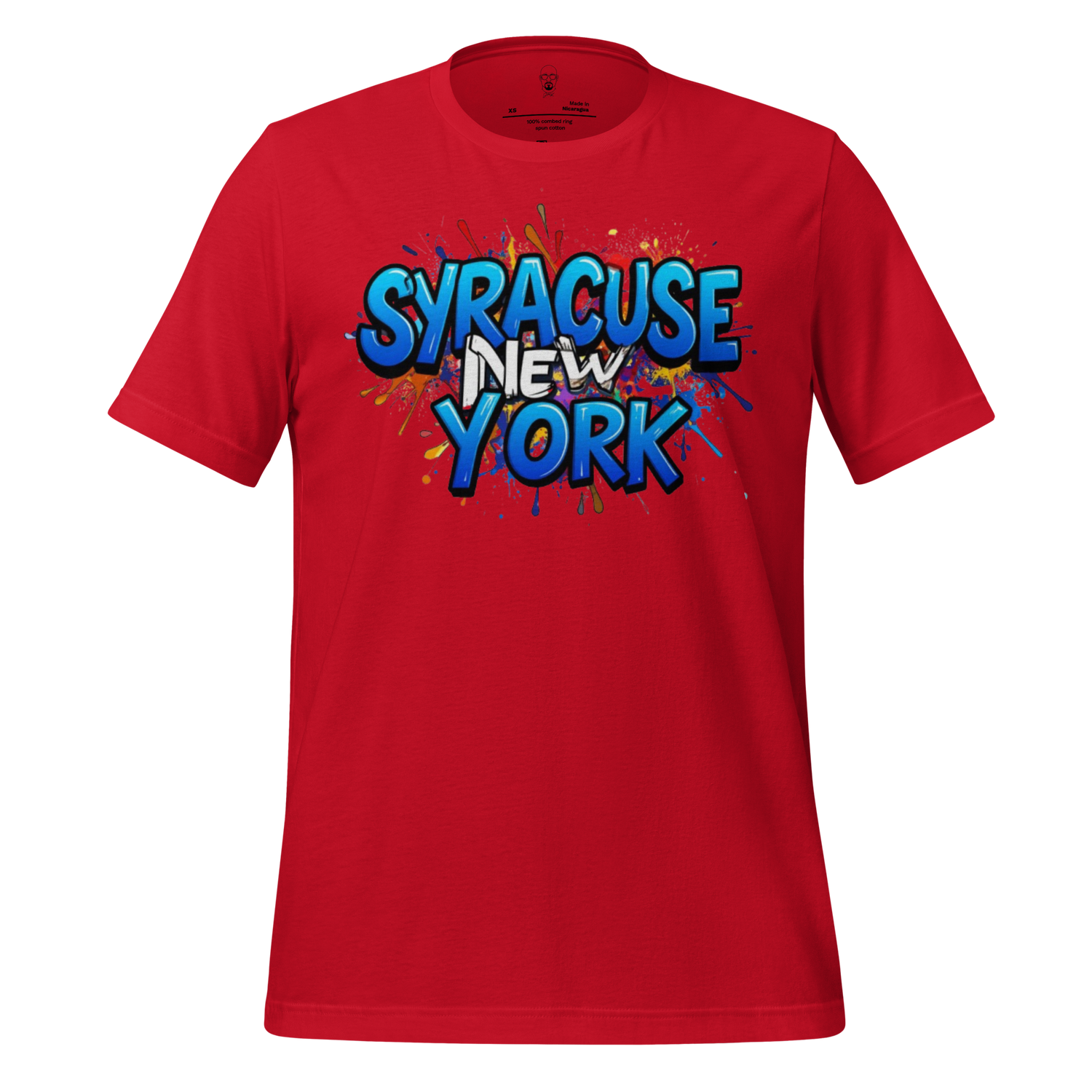 Red Syracuse New York t-shirt with colorful graffiti style text design by JMK Drip