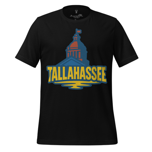 Black Tallahassee Graphic T-Shirt featuring cityscape design with bold yellow and blue text