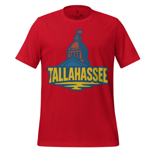Red Tallahassee Graphic T-Shirt featuring a blue and yellow capitol building design