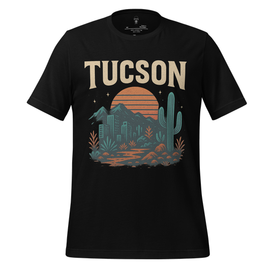 Black Tucson Graphic T-Shirt with desert sunset, mountains, cactus, and cityscape design
