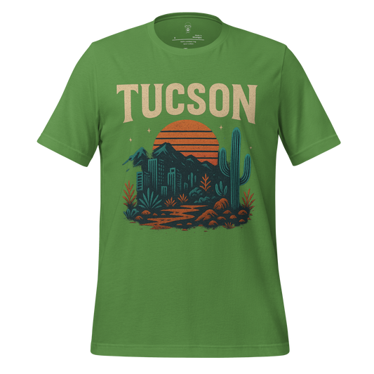 Green Tucson Graphic T-Shirt by JMK Drip featuring desert sunset and cactus design