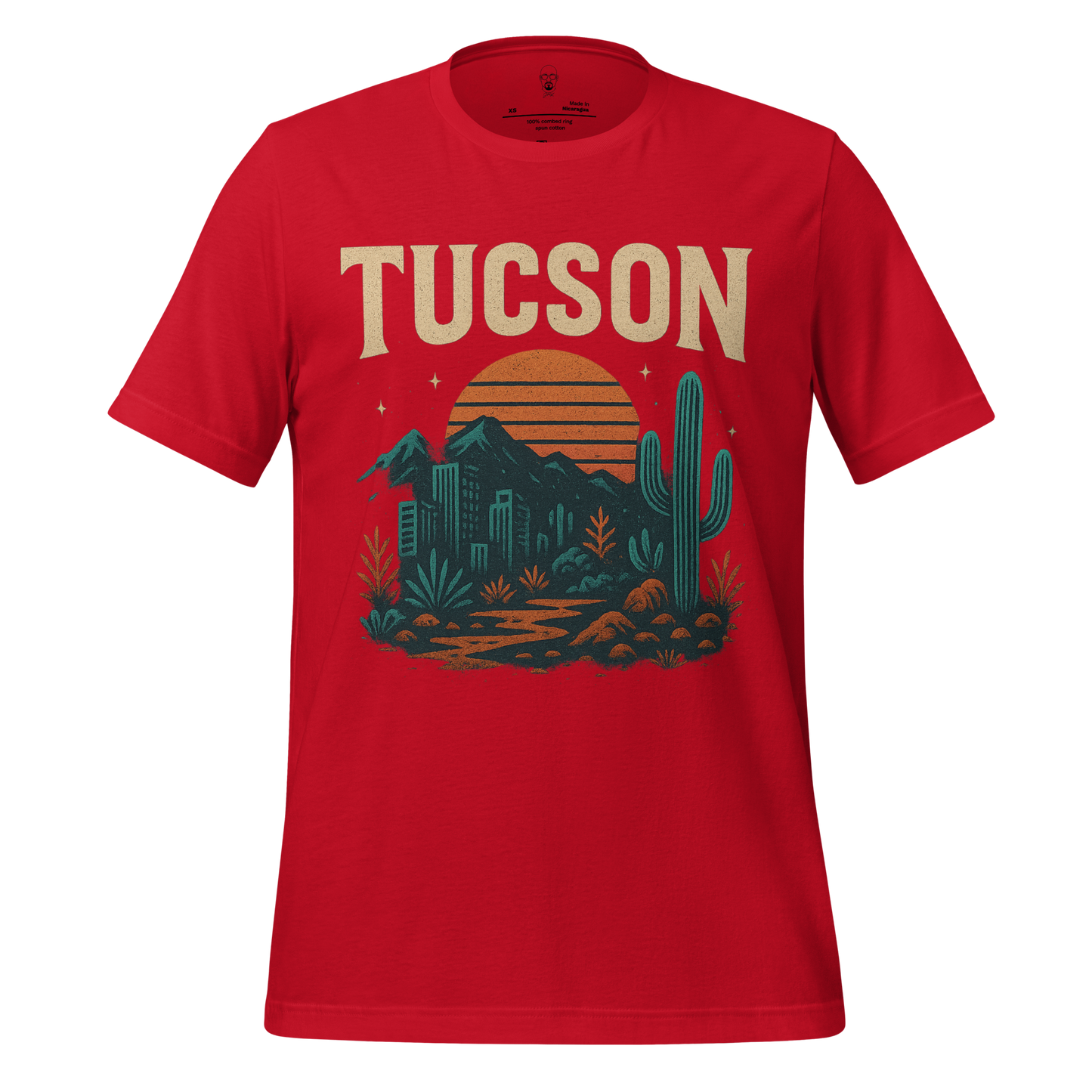 Red Tucson Graphic T-Shirt by JMK Drip featuring desert sunset and cactus design