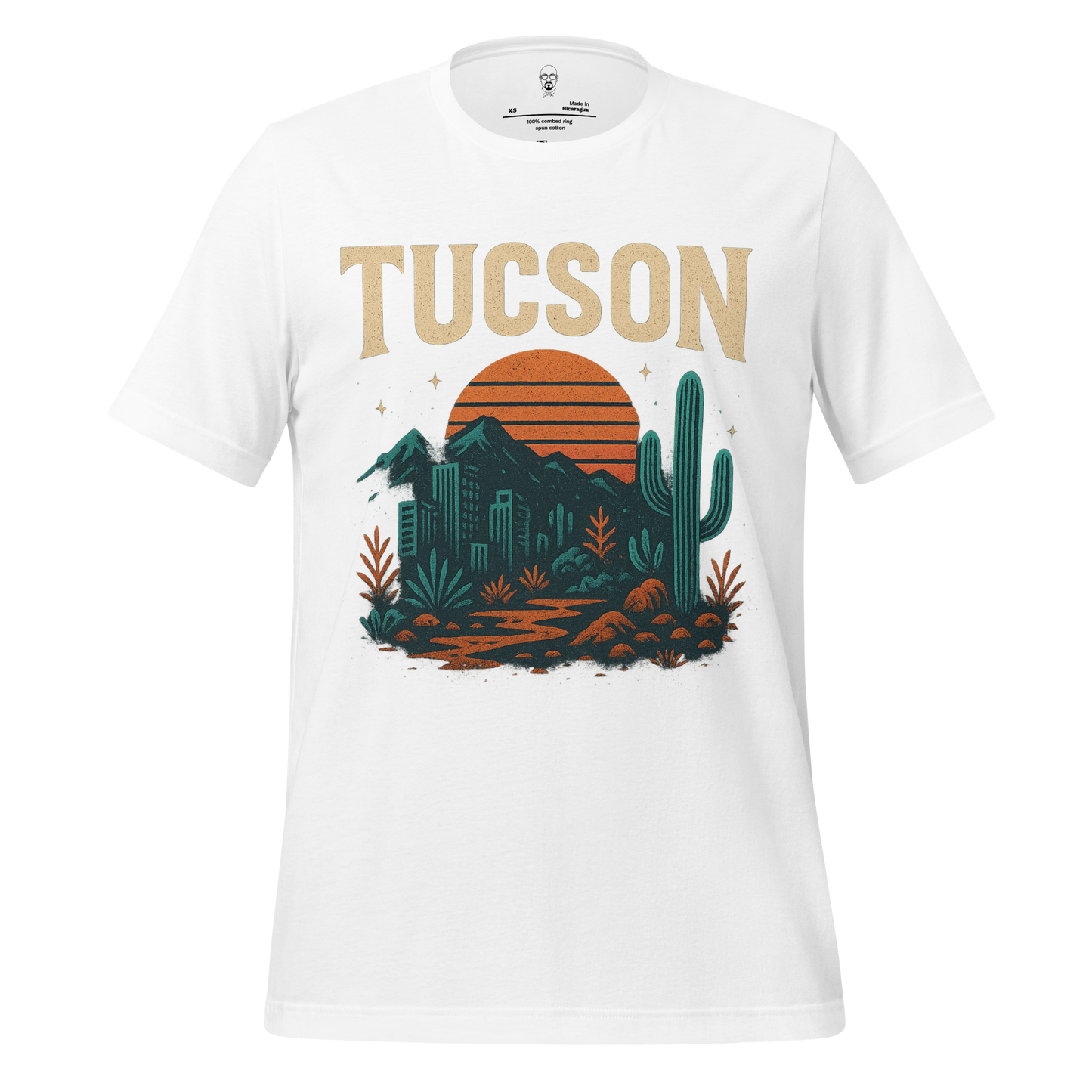 JMK Drip white Tucson Graphic T-Shirt featuring desert sunset, cactus, and mountain design