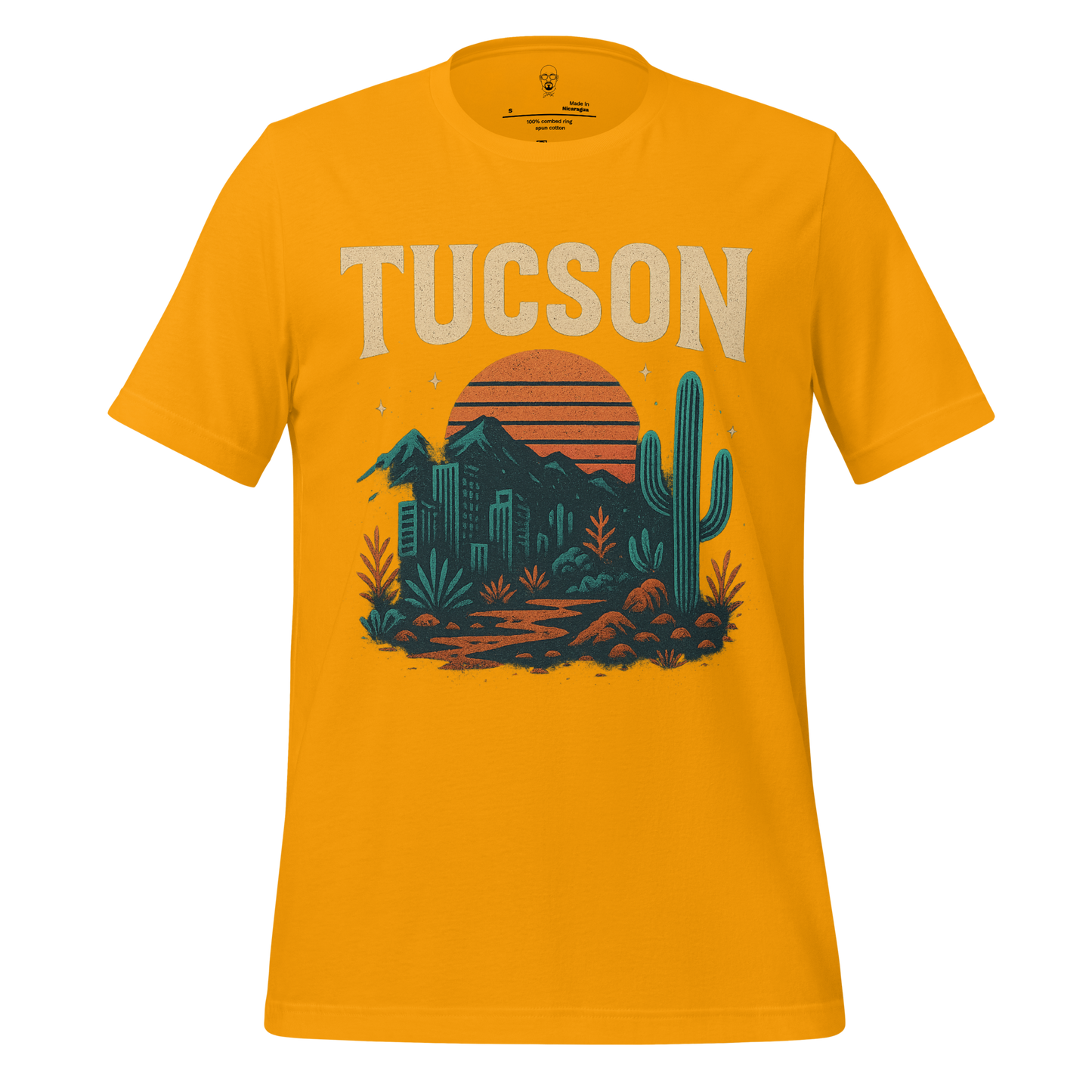 JMK Drip yellow Tucson Graphic T-Shirt with desert sunset, mountains, cactus, and cityscape design