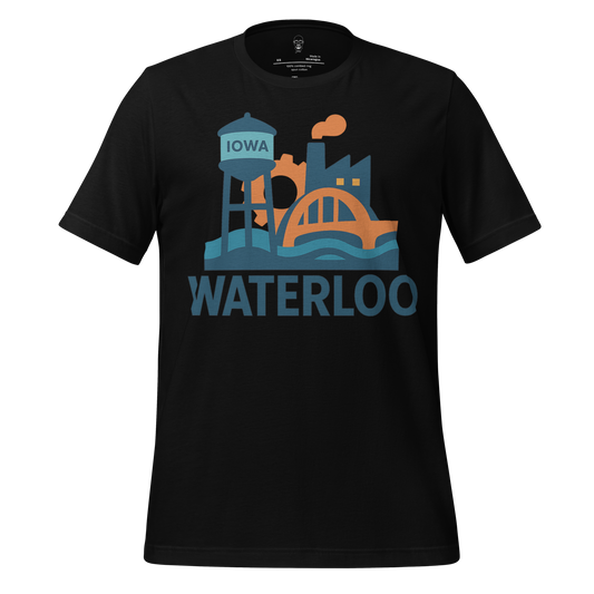 Black Waterloo Graphic T-Shirt by JMK Drip featuring Iowa water tower and cityscape design